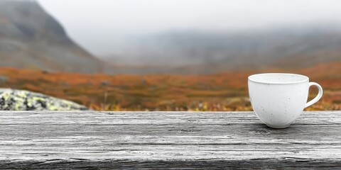 Aufkleber - Deck feast mountains concept. A serene cup on a wooden table with a foggy landscape in the background.