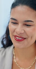 Poster - Office, woman and laughing with smartphone for text, online dating and funny chat on business break. Workplace, female person and consultant with mobile for joke application, message and social media