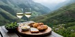 © Po - Deck feast mountains concept. Al fresco dining with wine and snacks amidst stunning mountain scenery.