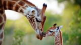 Tender Moment between Mother Giraffe and Baby Giraffe in Natural Habitat under Soft Sunlight