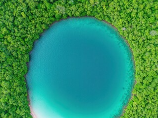 Poster - Enjoy tropical beach concept. Aerial view of a vibrant blue water body surrounded by lush green foliage.