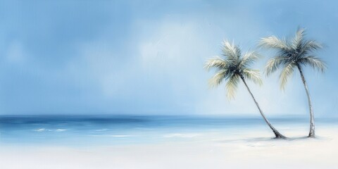 Poster - Enjoy tropical beach concept. Two palm trees by a serene beach under a clear blue sky.