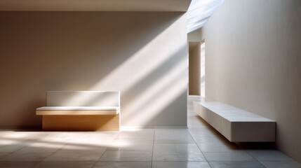 Fototapete - A minimalist interior features a simple wooden bench and a sleek white bench against light tones. Sunlight streams through a skylight, creating a tranquil atmosphere in the open space