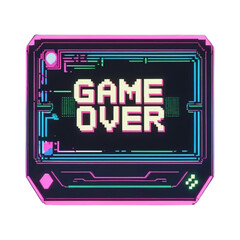 Poster - Retro gaming game over screen illustration in pixel art style with neon colors for arcade and console games
