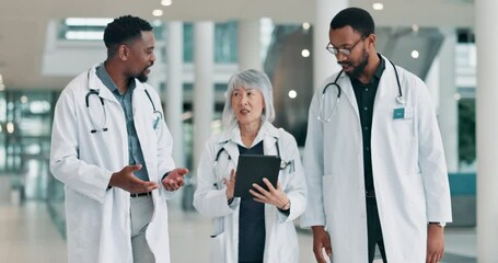 Aufkleber - Healthcare, doctor and group with tablet, hospital and discussion for digital records for diagnosis. Clinic, medical professional and conversation for treatment plan on website, browsing and people