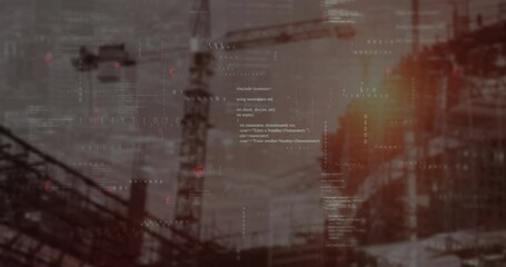 Poster - Binary streams flickering over crane while lens flare emerging and code scrolling visualizing data