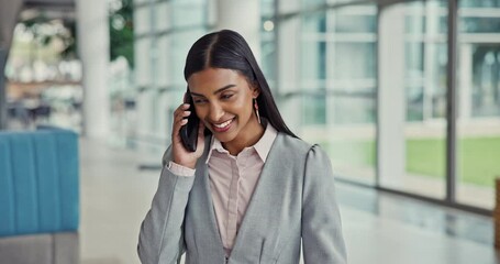 Aufkleber - Business, woman and walking with phone call in office for deal feedback, good news or negotiation. Financial advisor, person and speaking to client for networking, discussion and professional advice