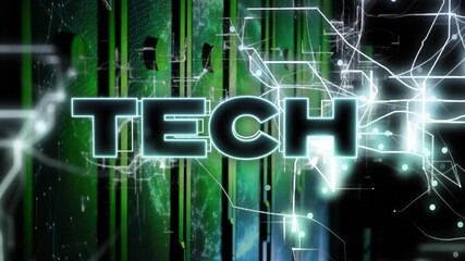 Poster - Shifting green panels sparking glitch-lines weaving, glowing TECH text pulsing for visualizing data