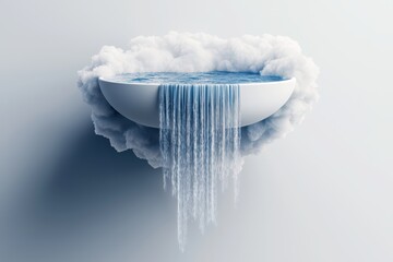 Aufkleber - Tub deck waterfall concept. Futuristic bowl pouring water surrounded by clouds, creating a surreal atmosphere.