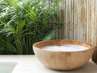 Poster - Tub deck waterfall concept. Natural wooden bowl filled with water, surrounded by lush greenery and bamboo.