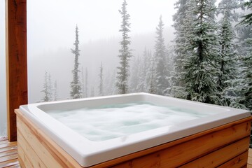 Poster - Tub deck waterfall concept. Outdoor hot tub surrounded by snow-covered trees in a serene winter landscape.