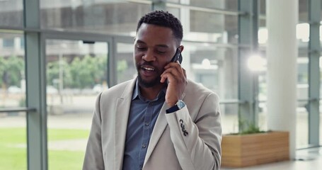 Poster - Business, black man or happy with phone call in office building for feedback, good news or advice. Financial advisor, employee and talking to client for networking, discussion or contract negotiation