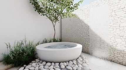 Poster - Tub deck waterfall concept. Modern outdoor spa with a stone wall, tree, and serene water feature surrounded by lush greenery.