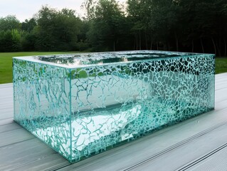 Poster - Tub deck waterfall concept. Transparent geometric sculpture surrounded by greenery, showcasing modern design and artistic expression.