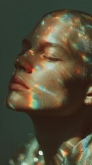 Poster - A model with a buzzcut is highlighted by colorful holographic patterns reflecting on their face. The soft lighting creates an artistic and calming atmosphere, emphasizing the unique aesthetic