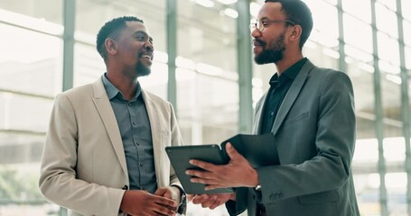 Aufkleber - Office, black people and teamwork with tablet for discussion, legal aid or research for justice. Businessmen, lawyer or advocate with collaboration for corporate case, digital report or online review
