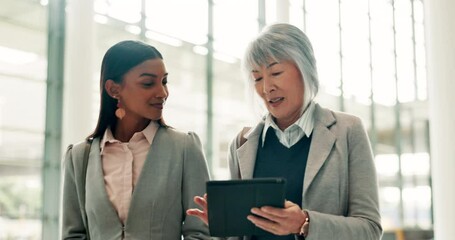Poster - Office, business people and walking with tablet for feedback, legal aid and teamwork for justice. Women, lawyer or advocate with collaboration for corporate case, online report or tech for discussion