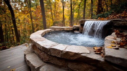 Aufkleber - Tub deck waterfall concept. Serene spa with a waterfall surrounded by autumn foliage in a tranquil forest setting.