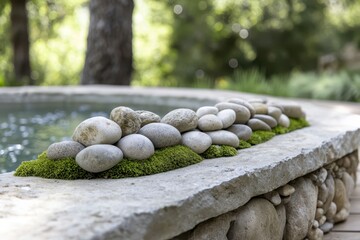 Poster - Tub deck waterfall concept. Serene landscape featuring smooth stones and water, surrounded by greenery and soft bokeh.