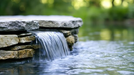 Poster - Tub deck waterfall concept. A serene waterfall flowing over stone, reflecting nature's tranquility.