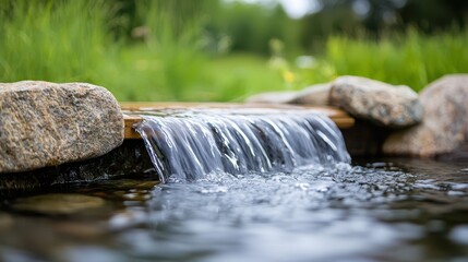 Poster - Tub deck waterfall concept. A serene stream flows over stones in a lush green landscape.