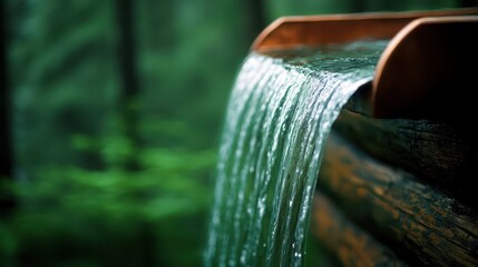 Poster - Tub deck waterfall concept. Water flowing over a wooden edge, surrounded by lush greenery in a tranquil forest setting.
