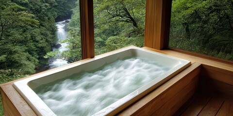 Aufkleber - Tub deck waterfall concept. Serene hot tub with a forest view, perfect for relaxation and nature immersion.