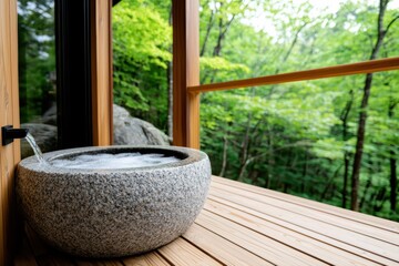 Poster - Tub deck waterfall concept. Serene stone water feature surrounded by lush greenery on a wooden deck.