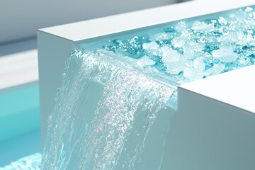 Poster - Tub deck waterfall concept. Water cascades over a modern, sleek white structure, creating a tranquil atmosphere.
