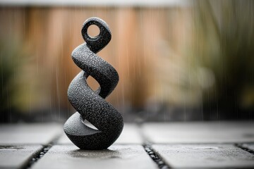 Poster - Tub deck waterfall concept. A unique, abstract sculpture stands in the rain, surrounded by a blurred natural background.
