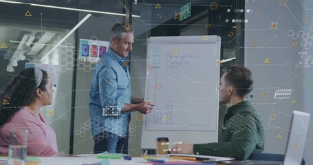 Poster - Presenter starting writing Dev Marketing CRM headings on chart adding overlay for business planning