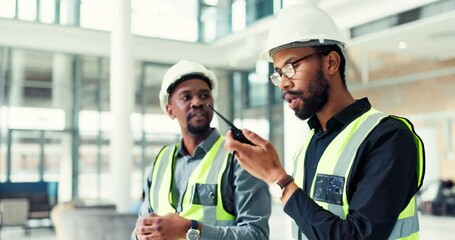 Poster - Contractor, talking and radio with people in building for structure engineer, construction and property. Architecture, site plan and real estate developer with employees for communication and project