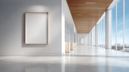 Fototapete - A sleek modern office space is enhanced by a large blank frame mounted on a bright wall, complemented with floor-to-ceiling windows that invite natural light