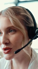 Poster - Woman, headset and call center agent in office with online consultation for crm, help desk or advice. Mic, customer service and female technical support consultant with query for troubleshooting