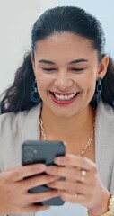 Aufkleber - Office, businesswoman and laughing with smartphone for chat, online dating and funny text on break. Workplace, female person and consultant with mobile for joke application, message and social media