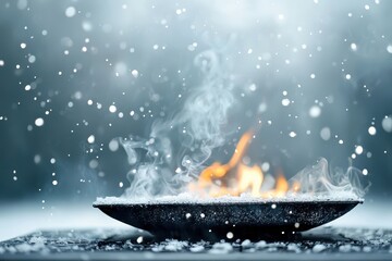 Aufkleber - Grill snowy outdoor concept. Elegant flames dance on a smooth surface, surrounded by shimmering droplets in a dreamy atmosphere.