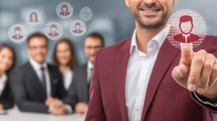 Poster - Man pointing at a group of people to illustrate mapping influence and internal power dynamics in a realistic concept