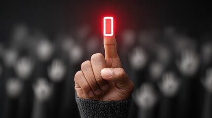 Poster - Close-up of a person's finger pressing a bright red light symbolizing activation and mobilization of actions
