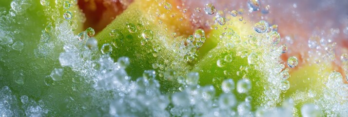 Aufkleber - Macro View of Frost Particles on a Frozen Vegetable Pack With Soft Right Margin Revealing Details of Icy Texture and Color Variations