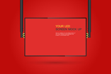 Aufkleber - A Hanging red LED Screen Mockup in 3D vector, illusstration. the Realistic LED screen on red background. The Illuminated lightbox with empty space for design