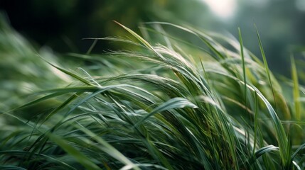 Aufkleber - A lush expanse of green grass moves gracefully with the wind, catching the sunlight on a warm afternoon in a serene environment, creating a tranquil atmosphere