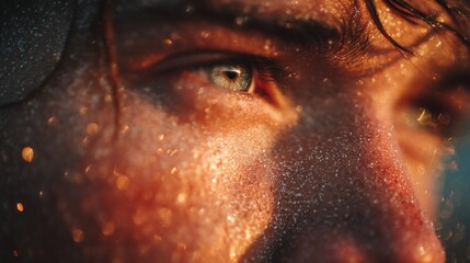 Poster - A close-up captures the mesmerizing detail of a face with vibrant blue eyes, glistening skin, and sun flare diffraction creating a warm, inviting atmosphere during golden hour