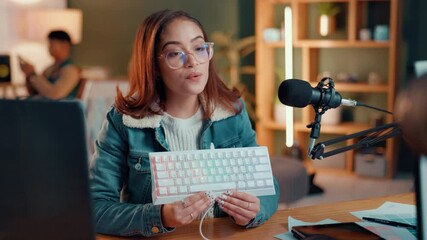 Poster - Recording, live streaming and woman with keyboard for review, opinion or demonstration for content creation. Promotion, product feedback and gaming influencer with tech for vlogging on social media.