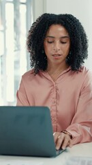 Poster - Laptop, discussion and businesswoman in office for research with company budget planning together. Computer, typing and financial analyst with client for investment feedback, forecasting or report.