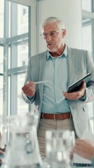 Leinwandbilder - Meeting, tablet screen and businessman in office with presentation for statistics, graphs or charts. Technology, discussion and mature male financial analyst with data for company investment planning