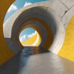 Poster - 3d render, abstract minimal yellow background with white clouds flying out the tunnel