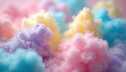 Poster - Extreme close-up pastel candy clouds background. Soft pastel color cotton candy clouds background. Abstract fluffy sweet dessert concept. Colorful sweet dreamy clouds.