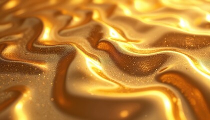 Poster - Abstract shiny golden wallpaper texture design. Bright light reflects across surface. Fluid, flowing, waves create metallic surface. Golden color with shimmer, shine. Luxury background for