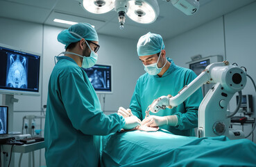 Poster - Surgeons perform surgery using robot in modern operation room. Robotic arm precise movements in operation. Medical tech, innovative healthcare procedure, futuristic technology used during surgical