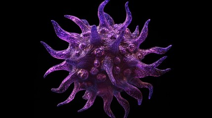 Poster - Microscopic view of a purple virus with spiky protrusions against a black background.